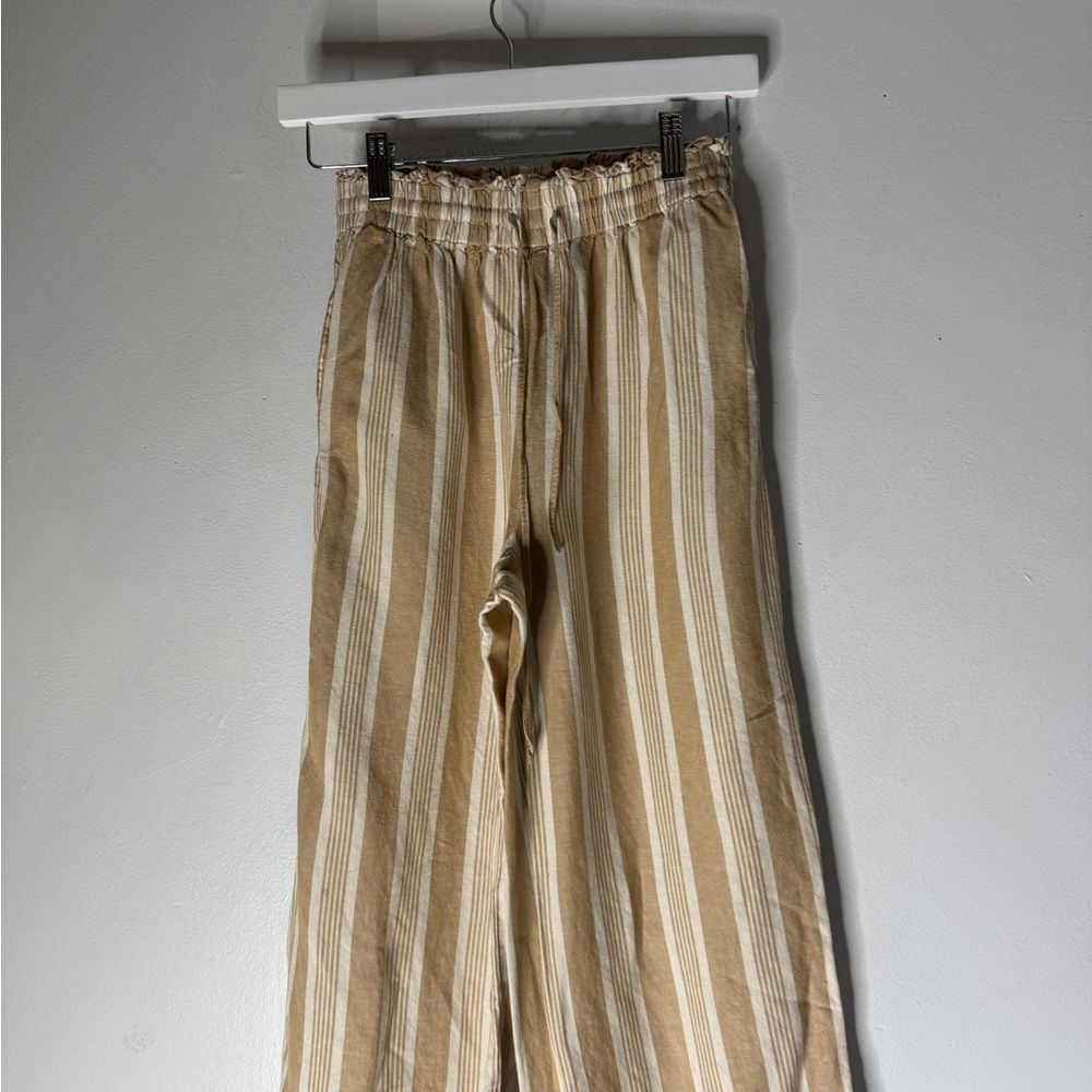 Madewell Brown White Stripe Linen Blend Smocked Huston Wide-Leg Cropped Pants XS - Picture 3 of 6